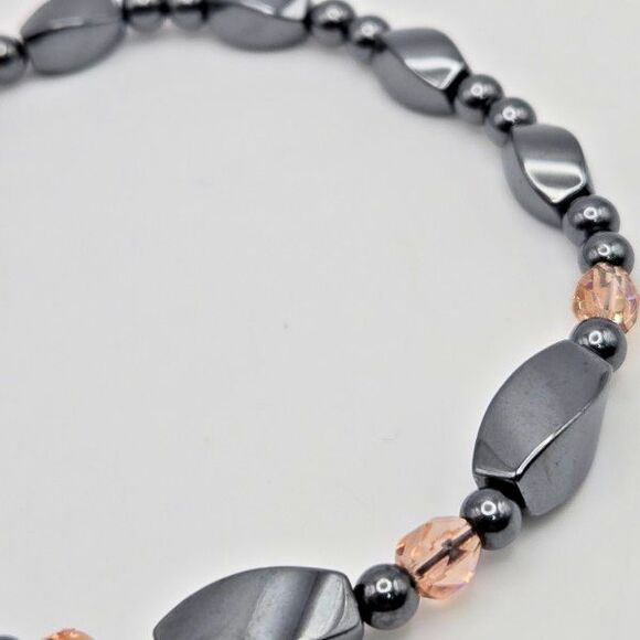 Hematite Beaded‎ Handmade Stretch Bracelet with Pink Glass Bead Accents - Picture 3 of 4